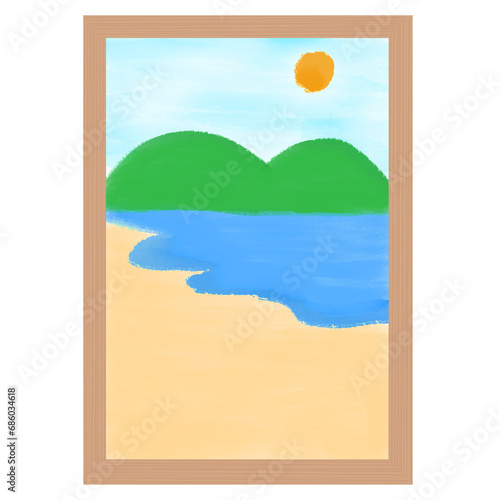 sea painting with a wood frame