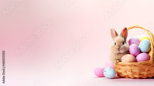 Ein süßer kleiner Hase sitzt in einem Osternest voller Ostereier  photo