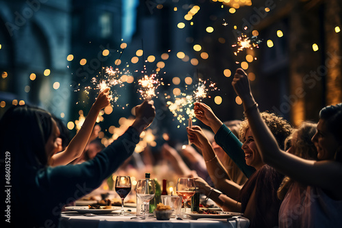 Eine Gruppe von Menschen feiert bei einem gemeinsamen Abendessen, Wunderkerzen  photo