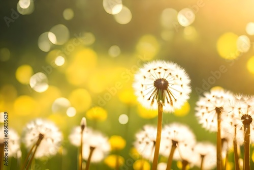 White dandelion on yellow summer blurred nature background with bokeh 