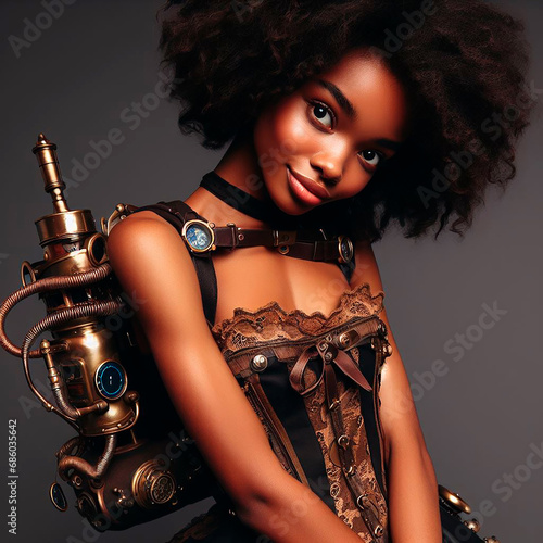 Retrato de una mujer joven morena utilizando vestimenta steampunk photo