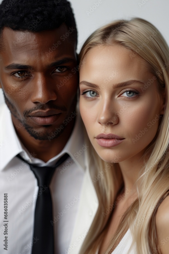 Close-up portrait of a beautiful Caucasian white woman and an African American man looking directly into the camera on a white background. Beauty, fashion, glamour, interracial couple concepts. Close-up portrait of a beautiful Caucasian white woman and an African American man looking directly into the camera on a white background. Beauty, fashion, glamour, interracial couple concepts.