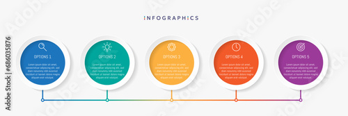 Paper infographic template with 5 circle options for presentation and data visualization. Business process chart.Diagram with Five steps to success.For content,flowchart, workflow.