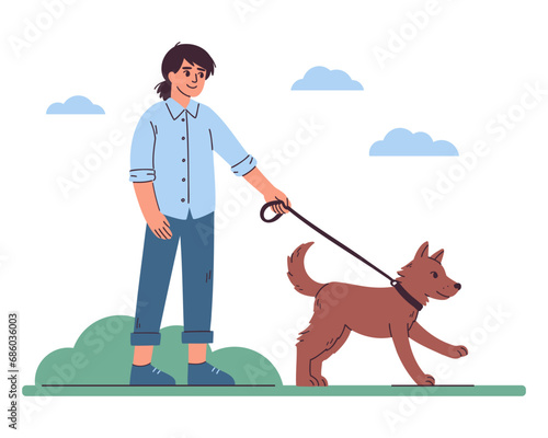 Non-binary person walking the dog. Cartoon flat vector illustration of a happy pet owner, dog sitter. Hand-drawn character with a domestic animal for web banner, advert or print. Lifestyle activity.