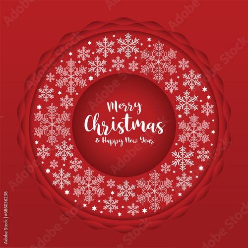 Merry christmas and happy new year text in circle frame with abstract white crystal snow sign around on red background vector design