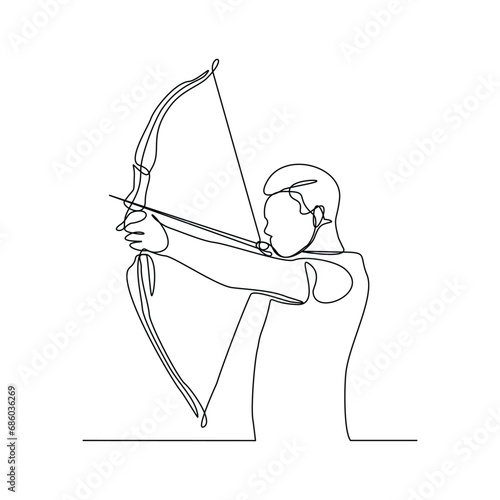 Continuous single line sketch drawing of professional archer bow athlete aiming target. One line art of sport hobby archery concept vector illustration
