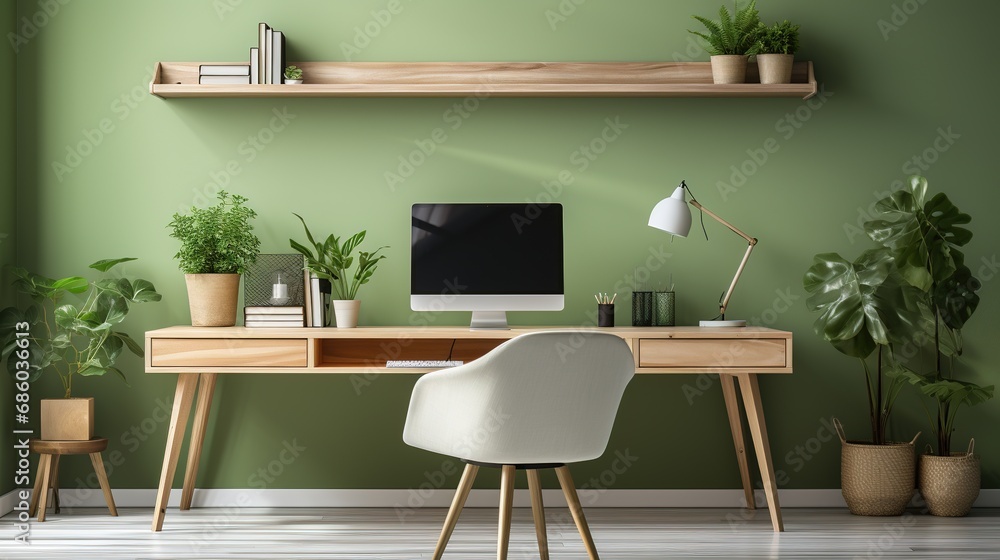 Beautiful and cosy home office setup with a sleek desk, ergonomic chair ...