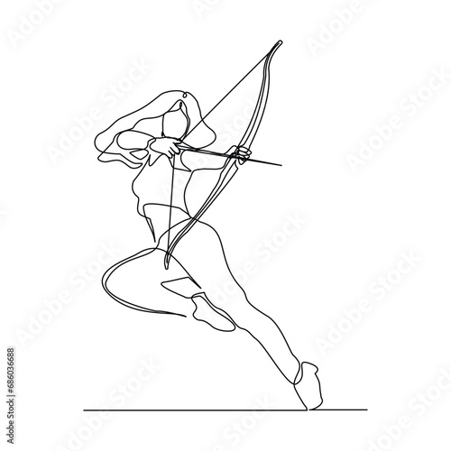 Continuous single line sketch drawing of professional archer bow athlete woman aiming target. One line art of sport hobby archery concept vector illustration