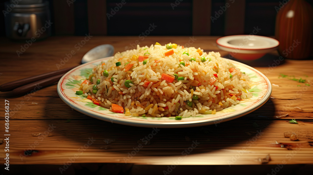 fried rice on plate and wooden table fried rice on plate and wooden table