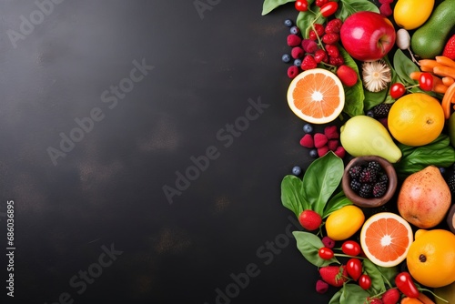Healthy food with vegetable and fruit, copy space , generative ai © Nia™