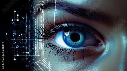 future tech vision: cyberspace concept with a futuristic woman's eye display – science and technology background