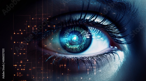 future tech vision: cyberspace concept with a futuristic woman's eye display – science and technology background