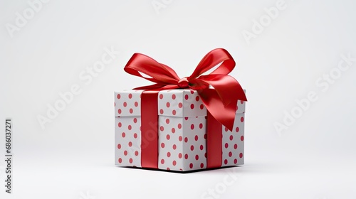 present gift box wrapped in red paper with big dots - isolated product photo on white background