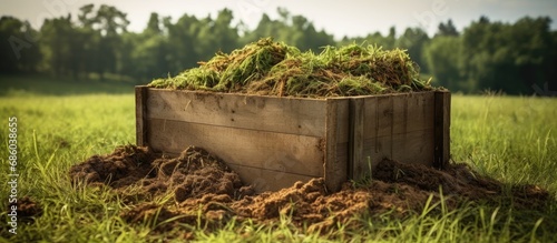 Photo of green grass pile in wooden box. Compost, manure waste heap as ecological fertilizer. Decay in rural area. Sustainable development, environmental care. photo