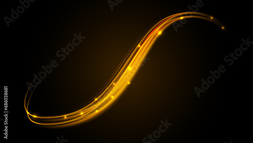 Golden glowing shiny swirling wave effect. Curved yellow line glow light effect. Glittering wavy trail. Oval, circle. Elegant bright linear wave. Vector background.