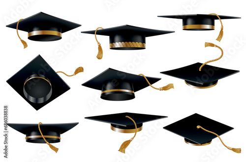 Graduation caps set. Black educational student hat with golden tassel. Element for degree ceremony and educational programs design. College, high school or university cap isolated on white background
