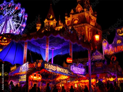 Craft an intricate of a haunted carnival, highlighting the creepy yet playful aspects of Halloween with ghostly rides and ghastly performers_