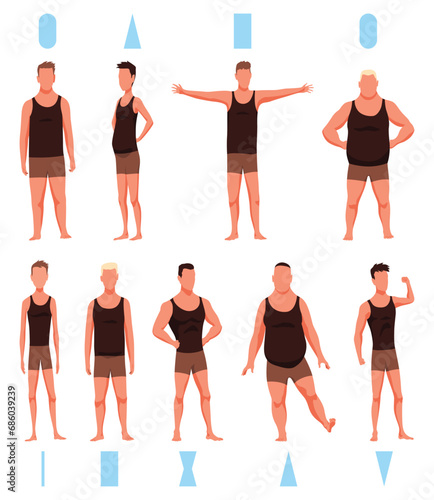 Male figures types icon set. Various body front view. Human anatomy, man standing shapes. Vector illustration in cartoon style