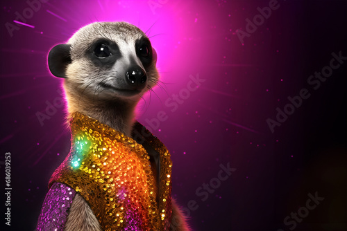 Creative animal concept. Meerkat in disco neon glitter glam shiny glow sequin outfit, copy text space. commercial, editorial advertisement party invitation invite, surreal surrealism