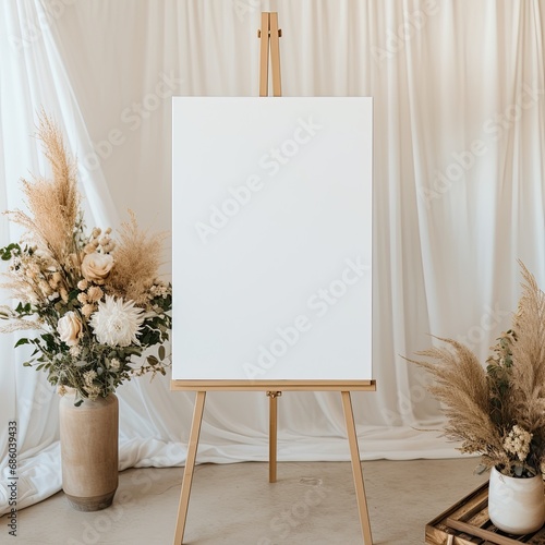 blank white welcome sign on an easel for a modern boho wedding - mockup template photo