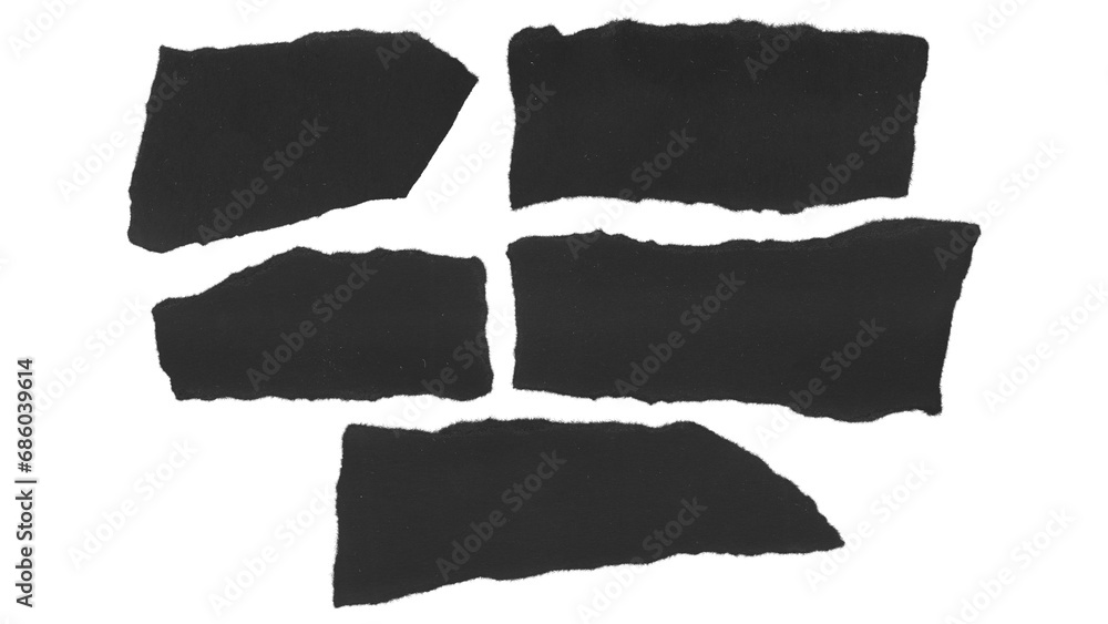 Set of torn and ripped paper pieces from black paper in Y2K retro style, png isolated pieces on transparent background 