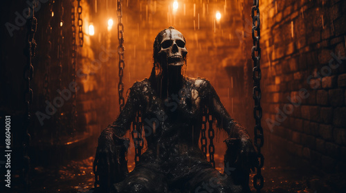 Mummified skeleton prisoner in a dungeon bound by iron chains - role playing fantasy concept - dark shadows with orange candle light - horror and creepy scene.