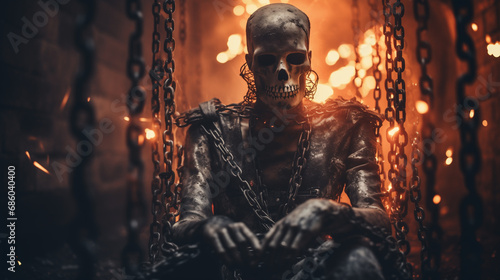 Mummified skeleton prisoner in a dungeon bound by iron chains - role playing fantasy concept - dark shadows with orange candle light - horror and creepy scene. photo