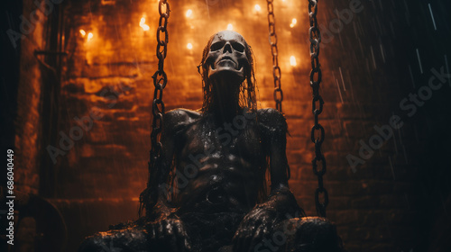 Mummified skeleton prisoner in a dungeon bound by iron chains - role playing fantasy concept - dark shadows with orange candle light - horror and creepy scene.
