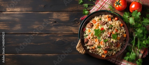 Pilaf with vegetables, meat. Top view.