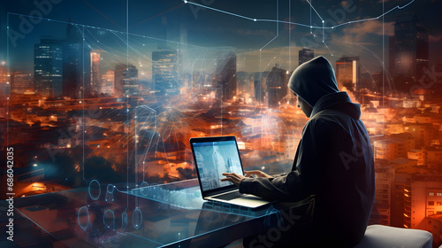 Ransomware cyber security concept, double exposure of man working on laptop computer and cityscape with technology code background of cyber security icons and internet network, malware. generative ai. © makbul