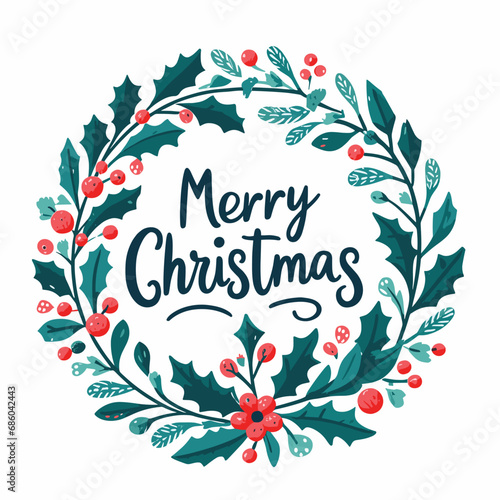 christmas wreath with present and merry christmas written in center vector illustrations