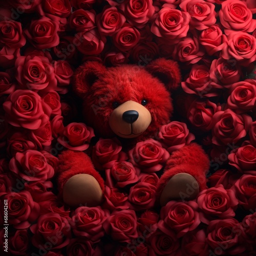 A red teddy bear surrounded by red roses  creating a harmonious composition of love and warmth