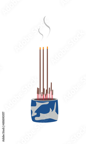 Incense stick in incense burner. Altar items. Chinese new year concept. Vietnamese new year. Flat vector in cartoon style isolated on white back ground. 