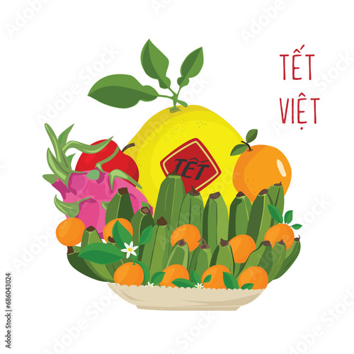 Five fruit tray vector. Fruit tray in Vietnamese traditional new year. Five-fruit tray displays on the altar during Tet holiday. Flat vector in cartoon style isolated on white background. 