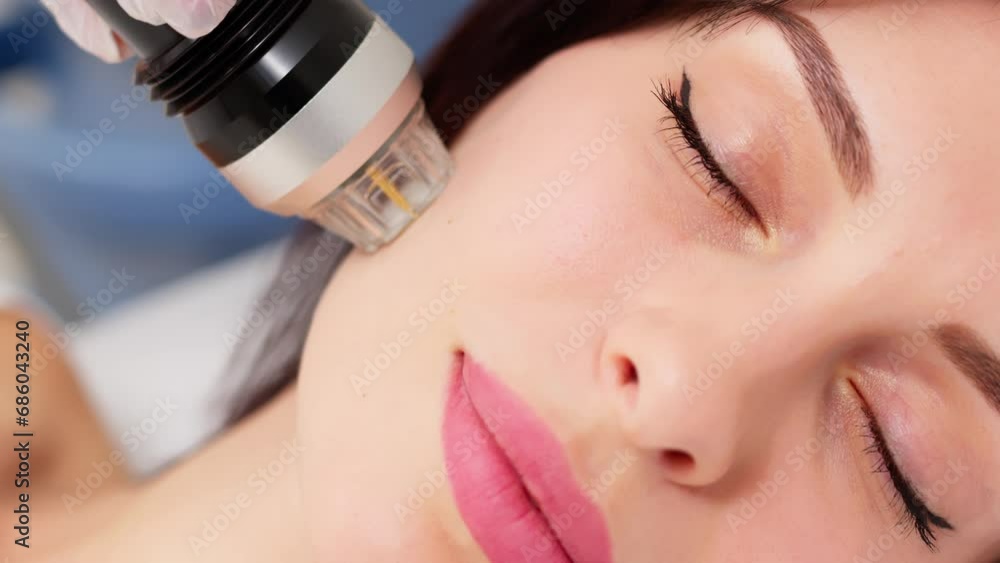 Attractive young woman undergoing a cosmetic procedure in a beauty salon. A woman undergoes fractional RF lifting against a light background. Advertising concept for clean and young facial skin. Attractive young woman undergoing a cosmetic procedure in a beauty salon. A woman undergoes fractional RF lifting against a light background. Advertising concept for clean and young facial skin.