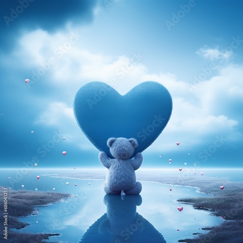 A serene scene with a blue teddy bear holding a heart-shaped sign, set against a dreamy blue backdrop