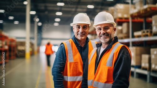 Portrait diverse warehouse workers. Professional engineer in safety hardhat. Logistics employees working with warehouse management in a large distribution centre. In the background stock of parcels. © radekcho