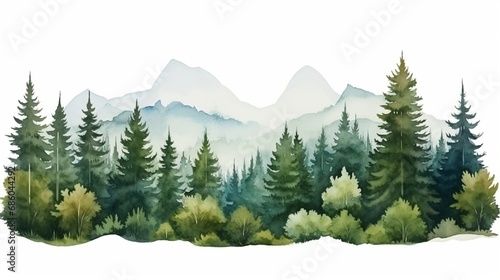 Nature forest lawn scene Watercolor illustration Hand drawn mountains  trees  bush  glade with grass Wild landscape element  nature with mountains  trees  and grass White background.