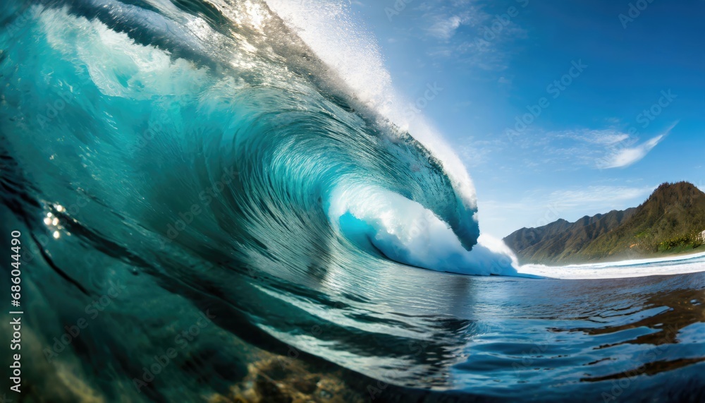 Beautiful deep blue tube wave in the Pacific curls on a sunny day, Summer Tropical Wave Beautiful deep blue tube wave in the Pacific curls on a sunny day, Summer Tropical Wave