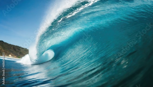 Beautiful deep blue tube wave in the Pacific curls on a sunny day, Summer Tropical Wave