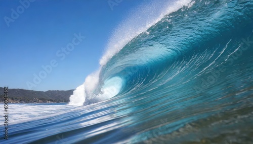 Beautiful deep blue tube wave in the Pacific curls on a sunny day, Summer Tropical Wave