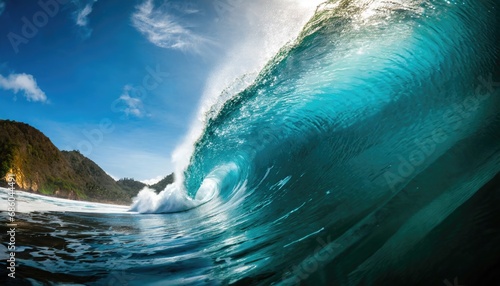 Beautiful deep blue tube wave in the Pacific curls on a sunny day, Summer Tropical Wave