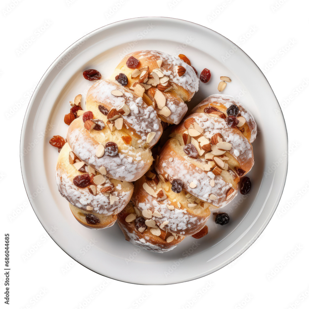 Top View of a German Stollen on a Plate Isolated on Transparent or White Background, PNG Top View of a German Stollen on a Plate Isolated on Transparent or White Background, PNG