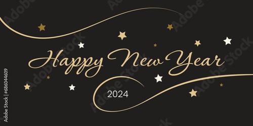 Happy New Year 2024 with Golden lettering and stars, New Year Banner