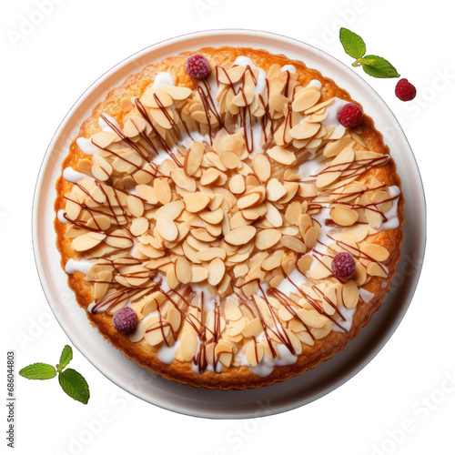 Top View of a Bakewell Tart on a Plate Isolated on Transparent or White Background, PNG photo