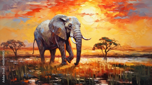 Oil art on canvas of elephant going forward and sunset landscape theme Spectacular warm light of the sun Modern impressionism artwork Palette knife painting.