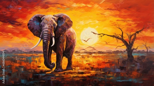 Oil art on canvas of elephant going forward and sunset landscape theme Spectacular warm light of the sun Modern impressionism artwork Palette knife painting.