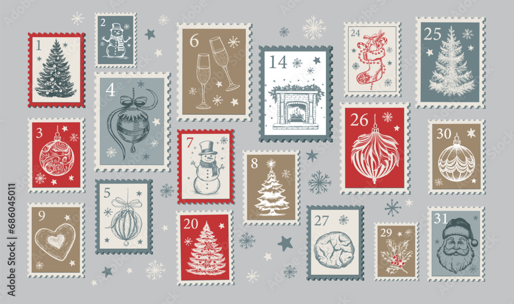 Advent calendar, Christmas Stamps, mail, postcard hand drawn illustrations.
