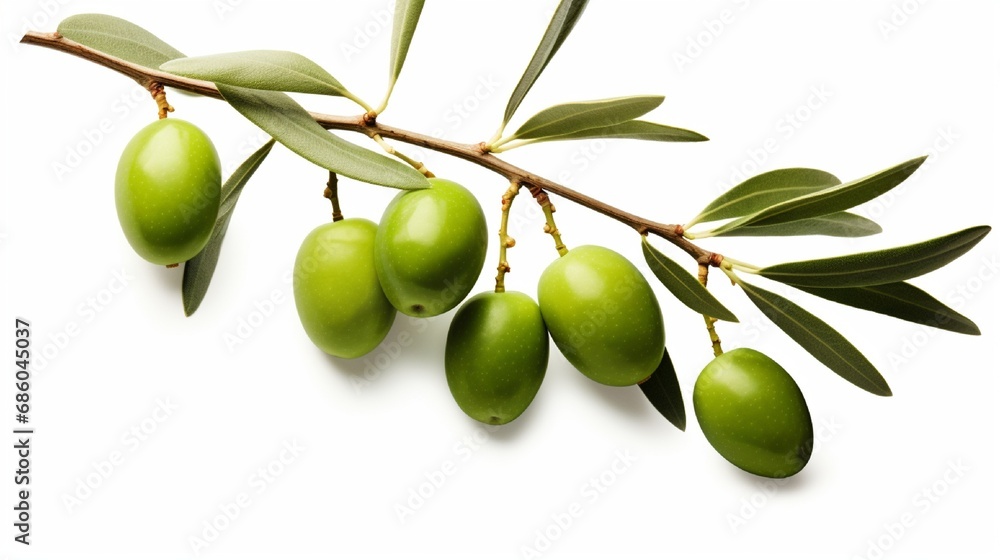 Clipping path for olive tree branch, green olives with leaves isolated on white background.