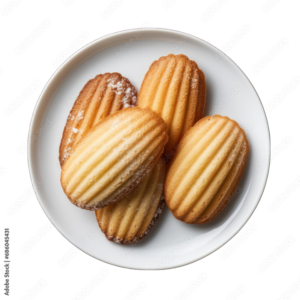 Top View of a Madeleine Cookie on a Plate Isolated on Transparent or White Background, PNG Top View of a Madeleine Cookie on a Plate Isolated on Transparent or White Background, PNG